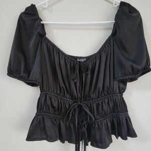 Mixed Threads Black Satin Women's Size XL Tie Top Milkmaid Peasant Goth Fairy